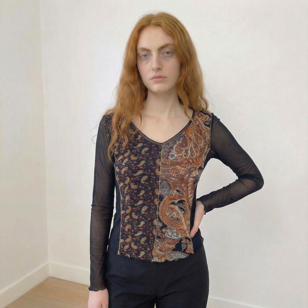 Vintage Italian Patchwork Mesh Top with Sheer Sleeves & Paisley Print (M)